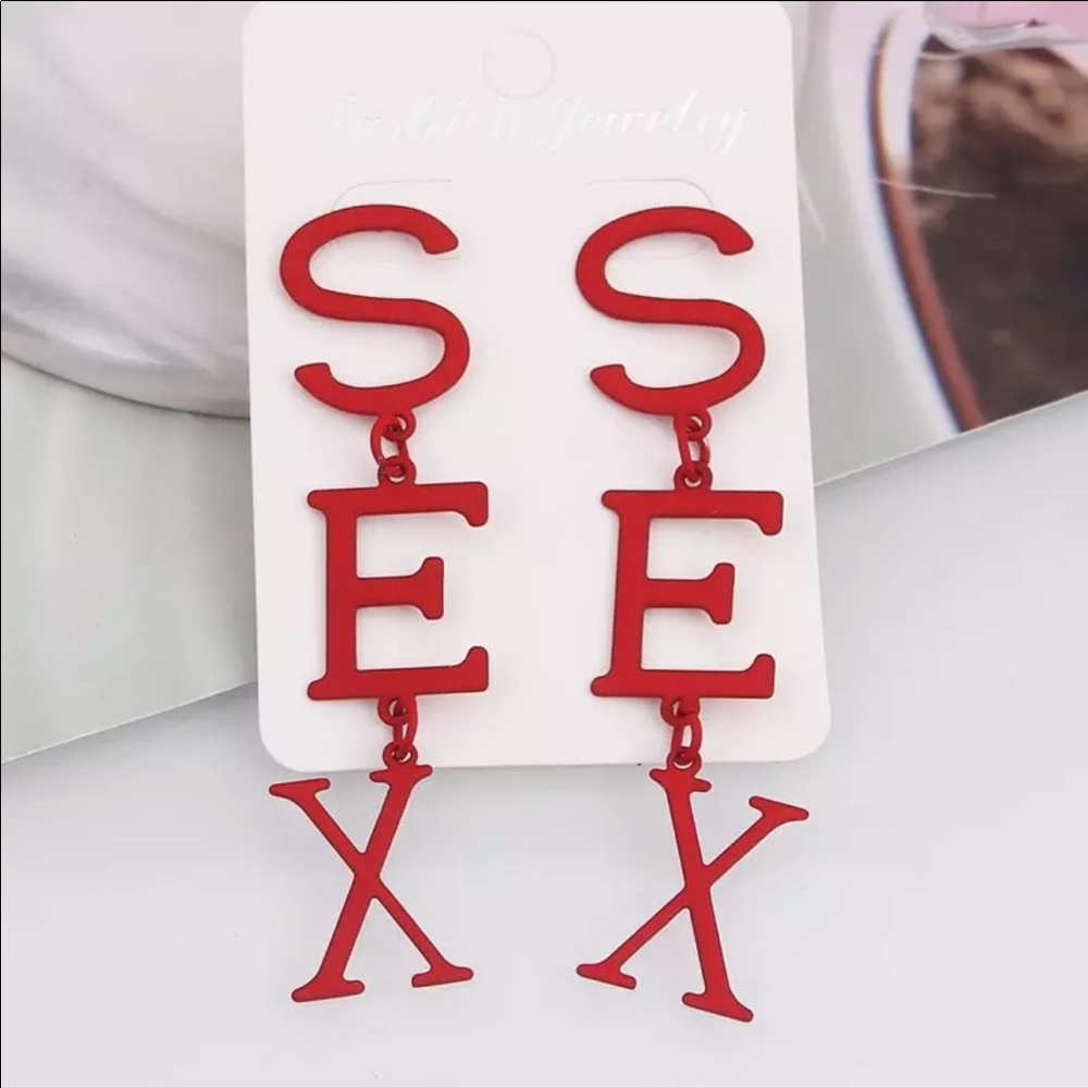 NEW RED LETTER SEX LONG EARRINGS - Picture 2 of 4